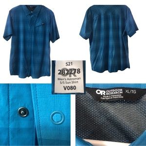 Outdoor Research Mens Astroman Sun Short Sleeve Snap Button Shirt Blue Plaid EUC
